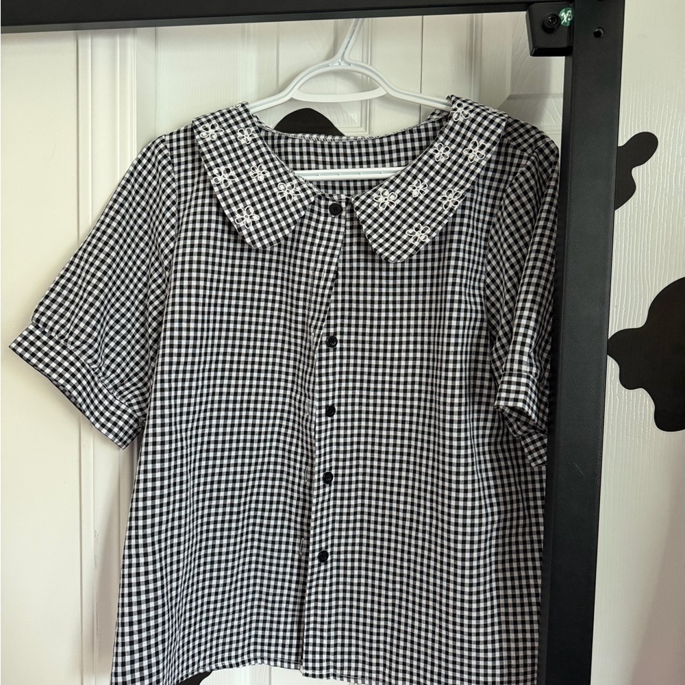 Amazon Black and White Gingham Button Front Blouse